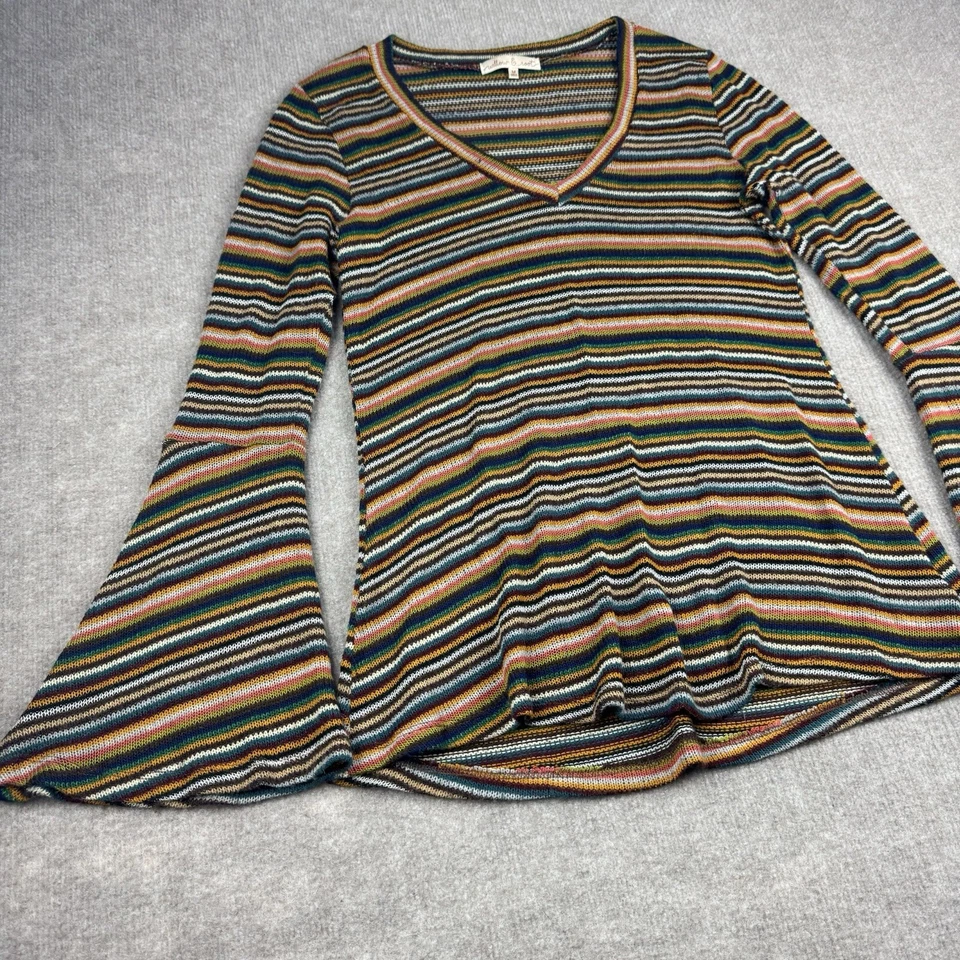 80s Vibe Sweater Women's Med Boho Hippie Flared Sleeves Striped Loose Knit - Image 4 of 4