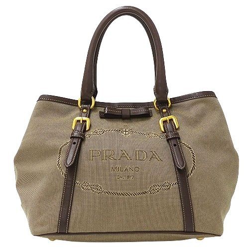 PRADA Logo Jacquard Tote Bag Beige Brown Nylon Italy Handbag