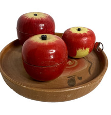 3 Vtg. Japan Wooden Miniature Apples 2 Toys w/ Cups/Saucers 1 Meas. Tape, Tray