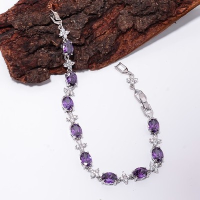 Purple Amethyst, CZ 925 Sterling Silver Adjustable Bracelet 7-8'' B13392