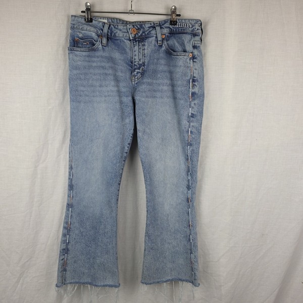 Tommy Jeans Size 30 Crop Flare Pale Distressed Blue Jeans Raw Hem (31" Waist)