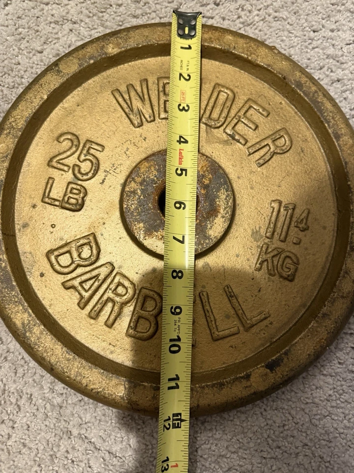 Par de placas de peso vintage WEIDER de 25 libras de peso ORO 50 libras en total Foto 2 de 4