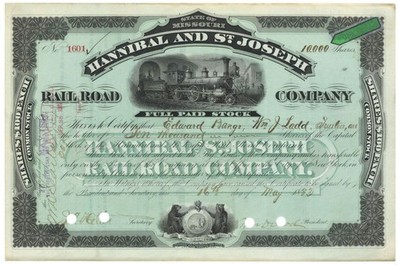 10,000 Shares of Hannibal and St. Joseph Railroad Co. - Fully Issued Stock Cer