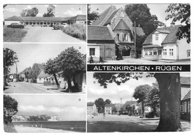 Postcard, Altenkirchen on Rügen, five illustrations, including consumer country department store, 1984