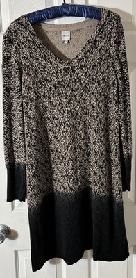 Nic & Zoe Lightweight Sweater Dress Black Beige Print Large