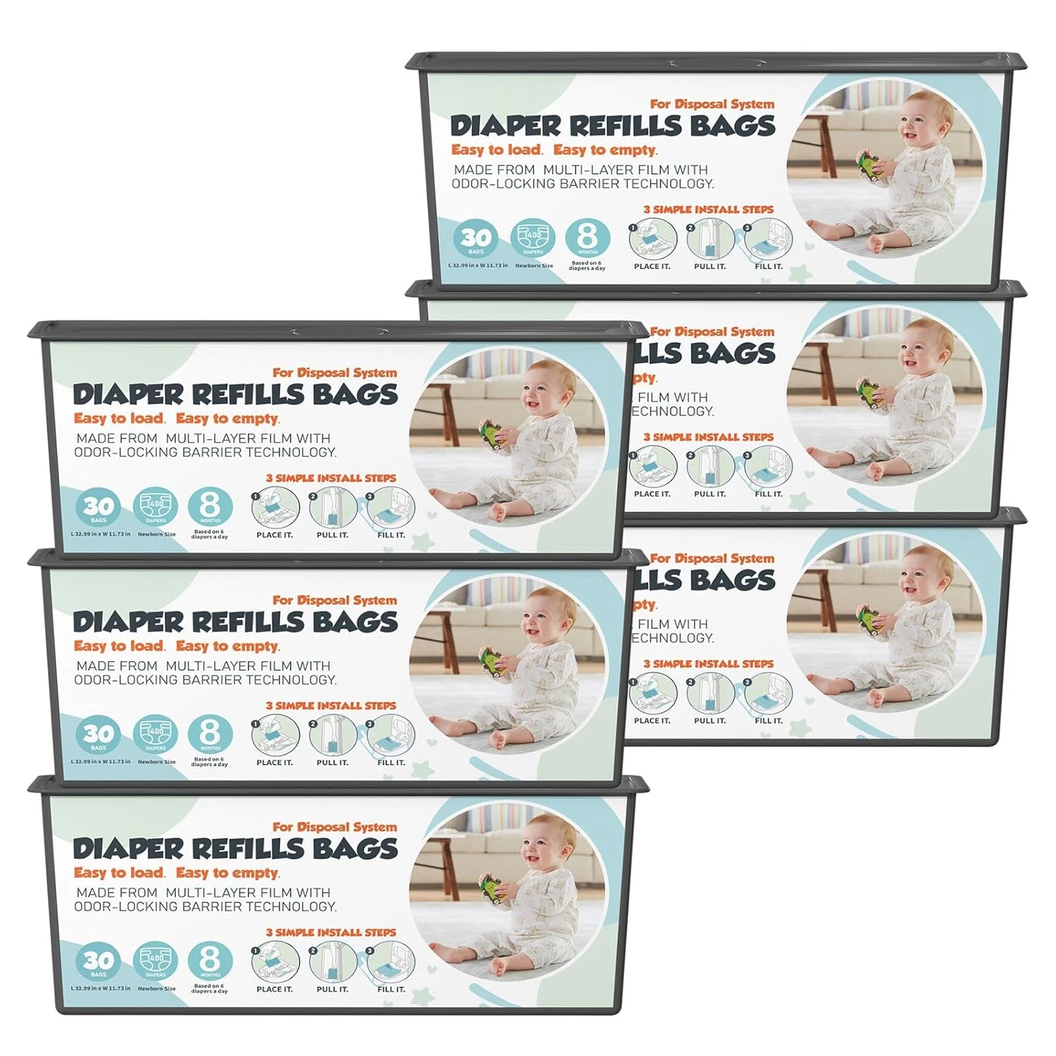 Diaper Pail Refills Bags with 30 Bags Compatible with Genie Easy Roll Signature