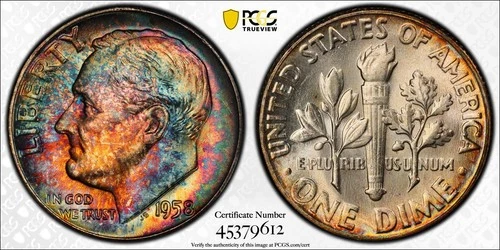 1958 Roosevelt Silver Dime - Philadelphia - Fantastic Rainbow Toner - PCGS MS 66