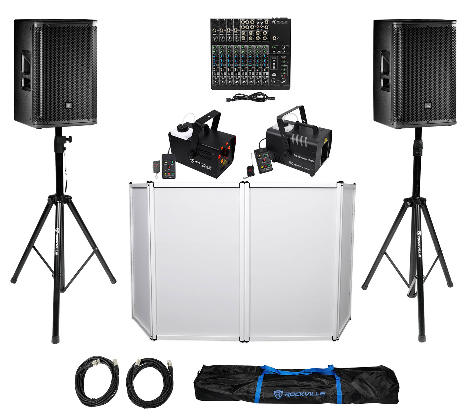 2) JBL SRX812P 12" 2000w Powered DJ Speakers+Stands+Facade+Fog+Haze