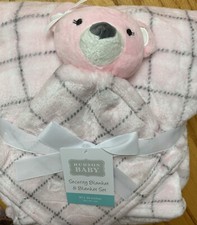 Hudson Baby 2 PC Blanket Security BEAR PINK HEAD SQUARES BLOCKS BLACK WHITE