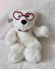 Vintage 1980 s 14" Heartline White Teddy Bear w/ Red Heart Glasses, Tag Attached