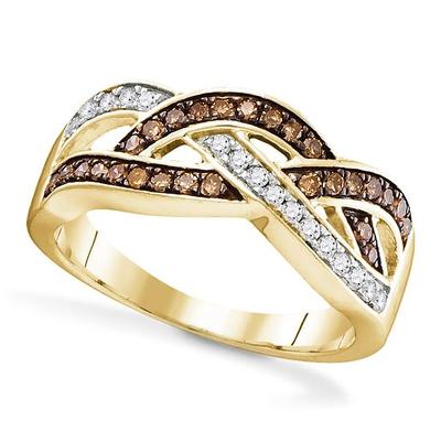 10K Yellow Gold Chocolate Brown and White Diamond Ring Twist Diamond Band .35ct 