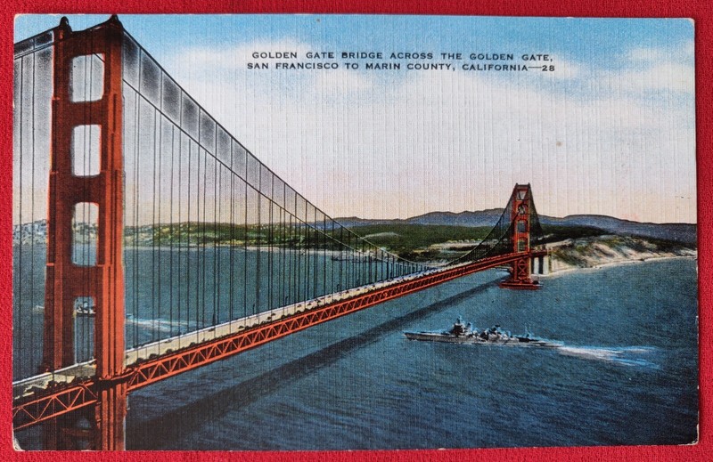 Vtg Linen Postcard-Golden Gate Bridge-San Francisco Bay-kept Pristine in Album