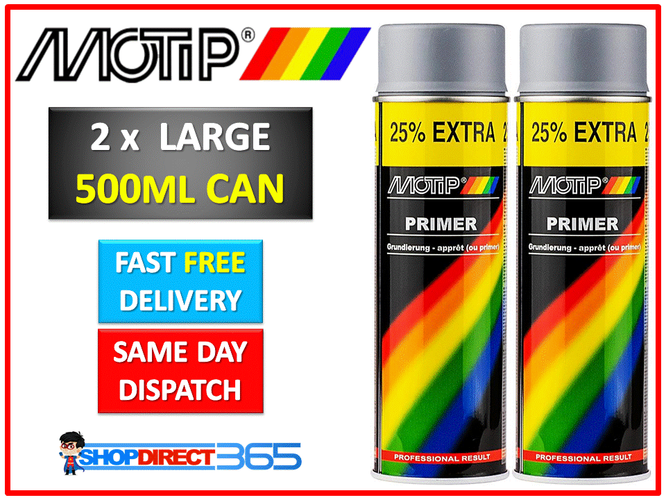 Image 1 - 2 x MOTIP Grey Primer Spray Paint Can Aerosol Auto Car Multi-Purpose 500ml 04054