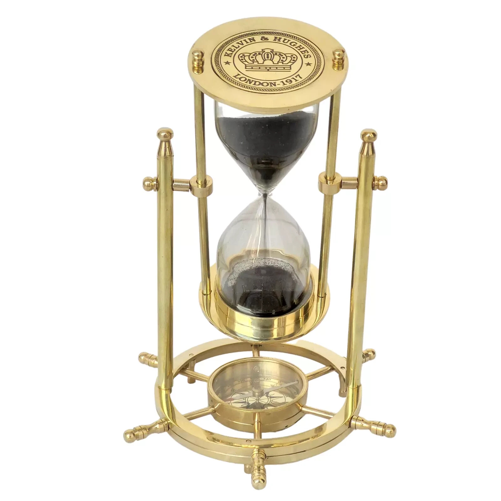 Vintage Brass Nautical Hourglass with Compass & Swivel Base