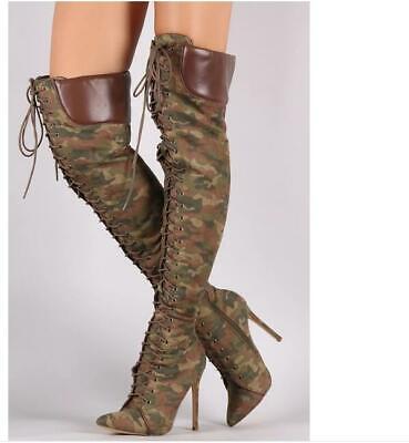 Ladies Knee High Boots Pointed Toes Camouflage Lace Up Boots Heels Side Zip  Shoe | eBay