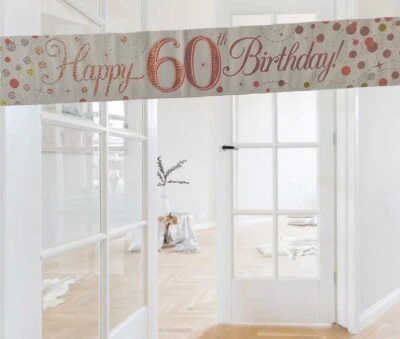 OAKTREE Age 60 White Rose Gold Happy 60th Birthday Foil Banner. 60th Party Decorations