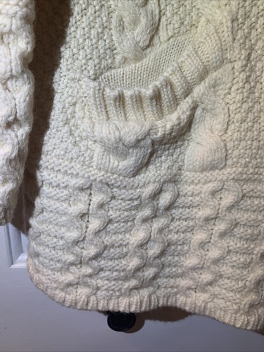 Inis Crafts Merino Wool Cable Knit Sweater Full Zip Hooded Sz M Ireland White - Picture 4 of 9