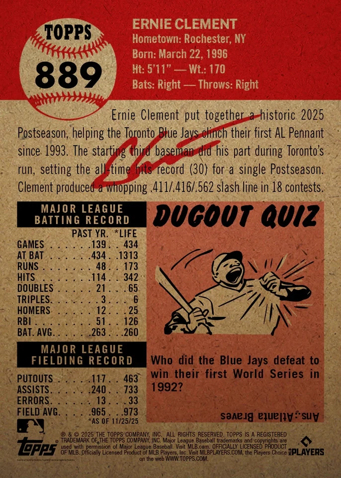 Topps Living Set Robin Ventura #888,Ernie Clement #889 - 预售 — 第 3/3 张图片