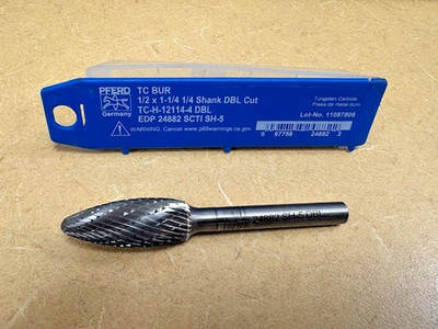 PFERD Carbide Bur 24882, 1/2'' x  1-1/4'' x 1/4'' Shank DBL CUT
