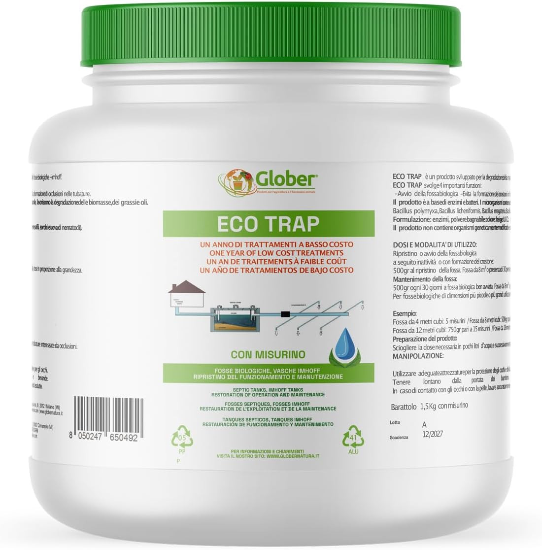 Attivatore Fosse Biologiche ECO-TRAP 1,5kg - Stop Odori e Ingrassaggi Subito