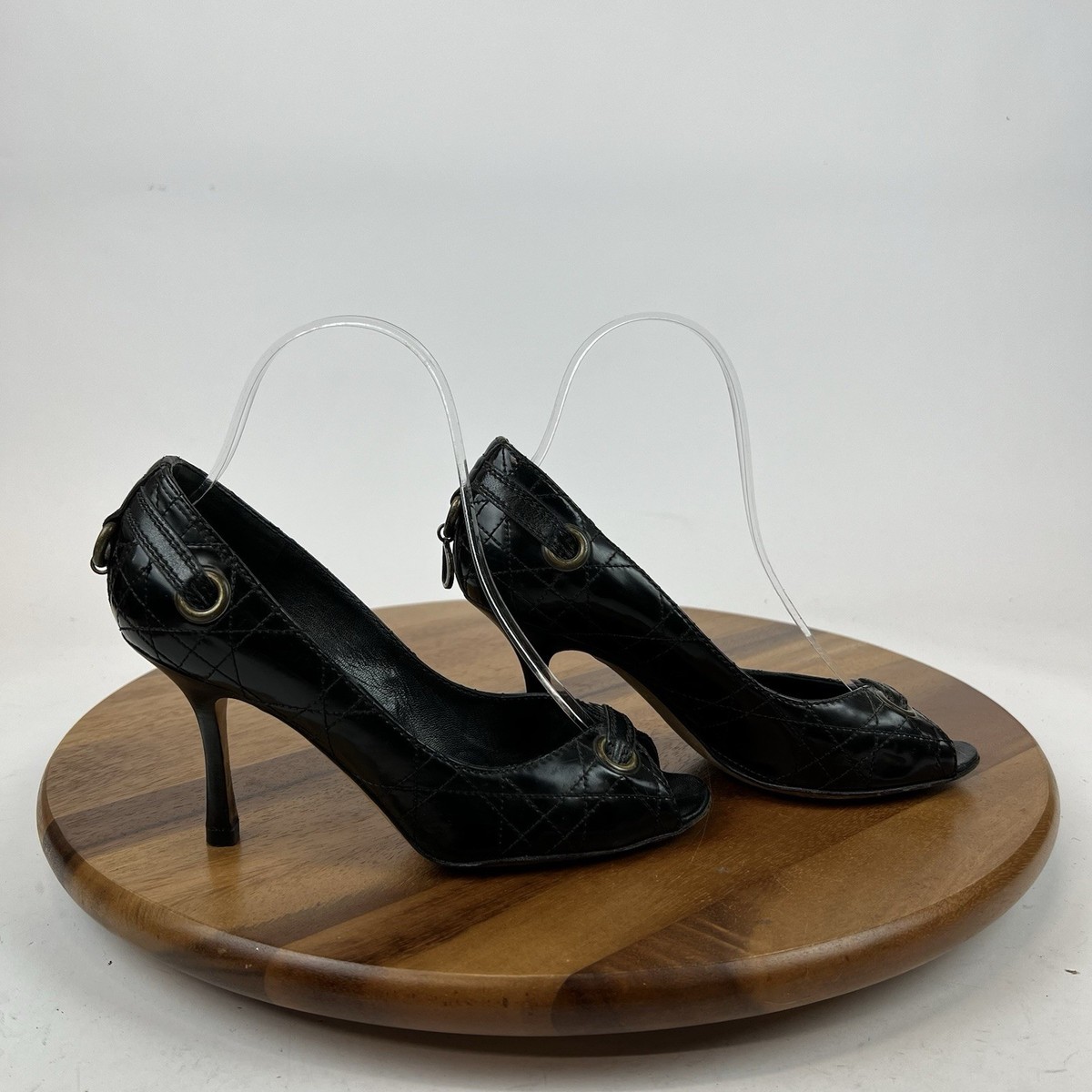 Womens Christian Dior Black Leather Grommet Accent Peep Toe Pumps