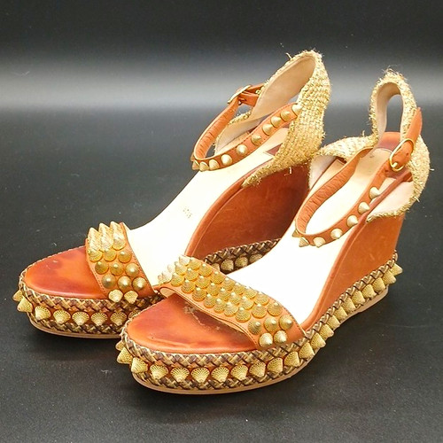 Christian Louboutin Leather Ankle Strap Studded Spike Open Toe Wedges EU39