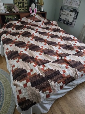 quilt top queen hand pieced cottage core 70's brown rust 68 x 90