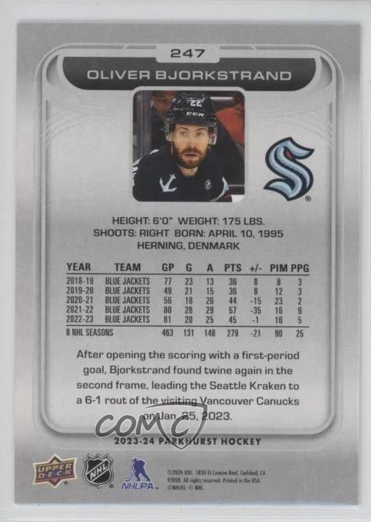 2023-24 Upper Deck Parkhurst Silver Foil Oliver Bjorkstrand #247 - Image 2 of 2