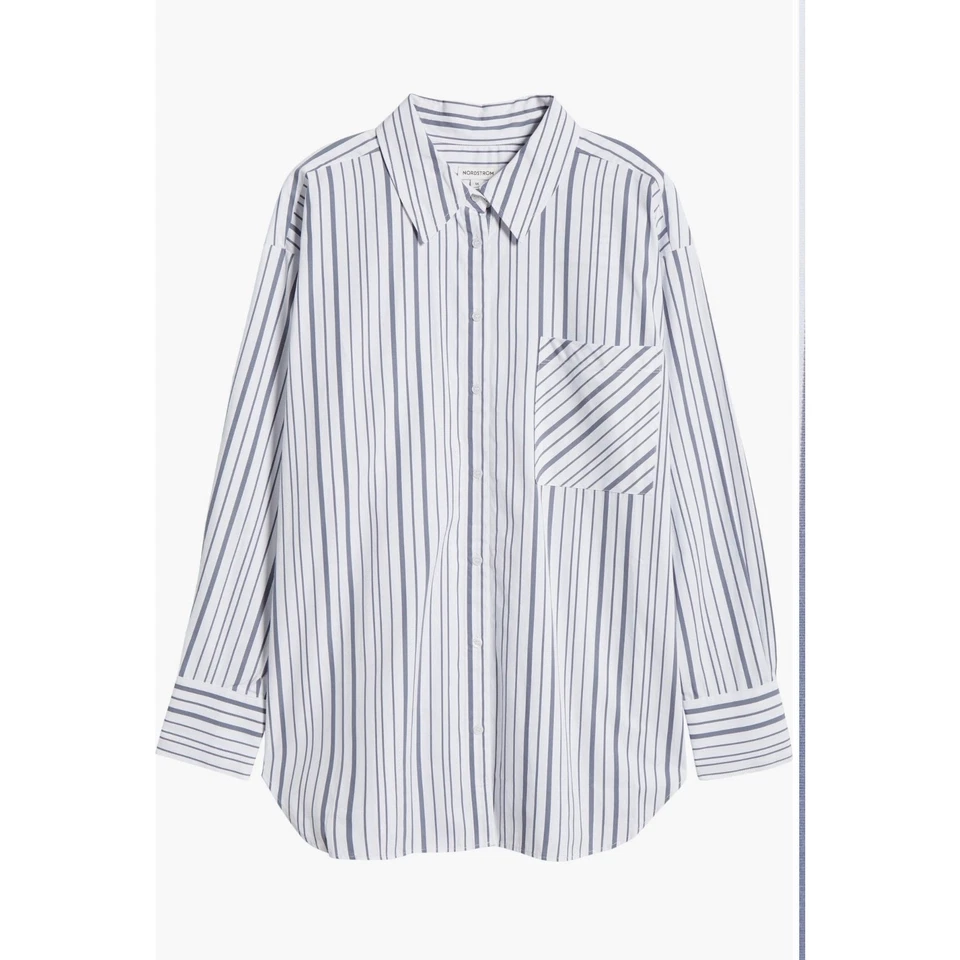 Camisa Nordstrom Rayas Algodón Popelina Botón-Up Blanca-Gris Rayas Naomi (Nueva) L Foto 4 de 4