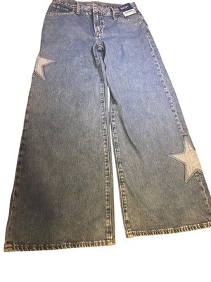 Old Navy Kids Girls 14 Super Baggy Wide Leg Star Patch High Rise Jeans Blue NWT