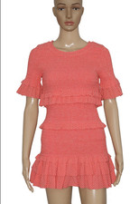 LoveShackFancy Aveline Ruffled Dress Printed Smocked Bell Sleeve Coral New S