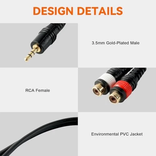 3.5mm Male to 2RCA Female Adapter Cable, Stereo Audio Y Splitter Cable, 1/8 - Image 4 of 4
