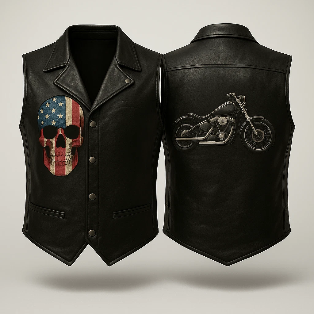 Men’s Black Leather Biker Vest – American Flag Skull Front & Motorcycle Back