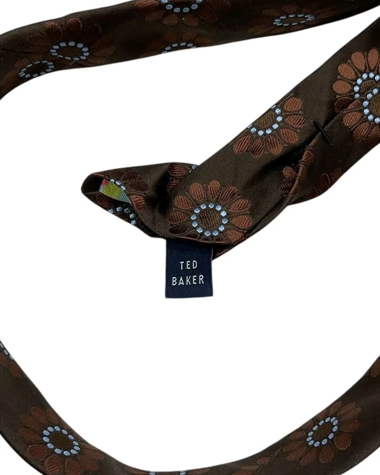 TED BAKER Silk Tie USA Brown Blue Floral W:3.6" EUC - Image 3 of 4