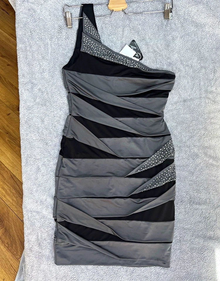 Vintage Y2K style City Triangles one Shoulder Grey Black Rhinestone Mini dress S - Image 2 of 4