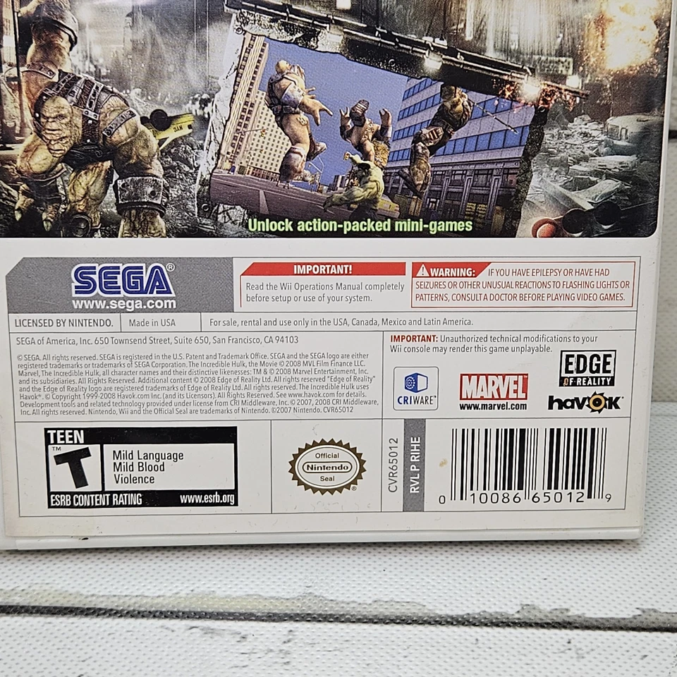 The Incredible Hulk Nintendo Wii Video Game 2008 Sega Marvel Action Open World - Image 3 of 4