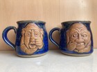 Vintage Studio Pottery Blue Gargoyle Face Mugs — photo 1