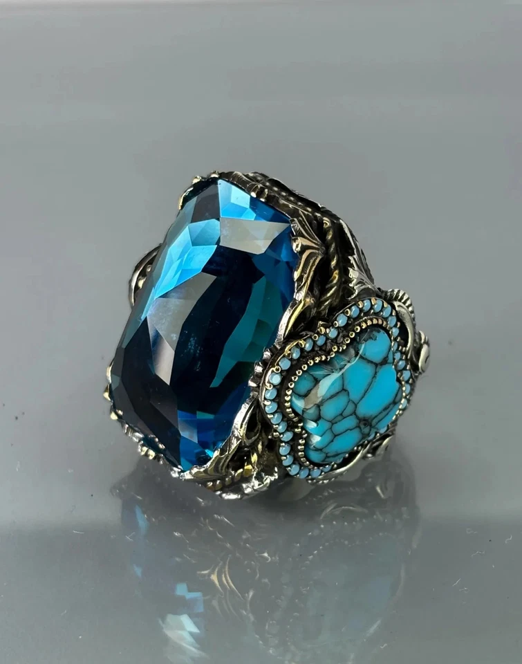 Aquamarine 925 Sterling Silver Men’s Ring, Turkish Blue Gemstone Ring - Image 4 of 4