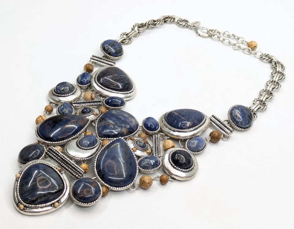Chico's HUGE Sodalite & Jasper 真石厚围兜项链 19 英寸银色 — 第 4/4 张图片