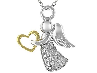 Weißer Diamant Akzent Rhodium über Sterlingsilber bicolor Engel Anhänger 18''
