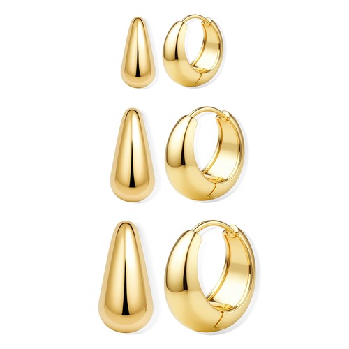 BESTEEL 3 Pairs 14K Gold Hoop Earrings Set for Women Small Chunky Huggie