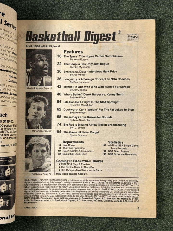 Revista de resumen de baloncesto de abril de 1992 David Robinson, San Antonio Spurs NBA Foto 2 de 4