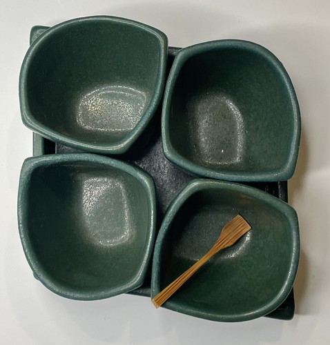 Mid-Century Modern Retro Sake Green Glazed Set w/ Cups & Tray Brutalist - Picture 4 of 14