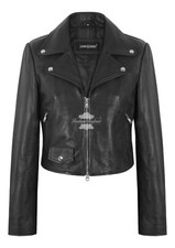 Woman’s Black Leather Brando Short Fitted Biker Double Drive Zip Jacket Kendall