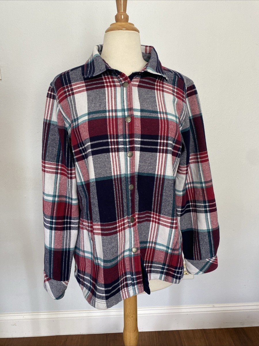 Orvis Shirt Jacket Womens Large Plaid Flannel Fleece Lined Snap Button