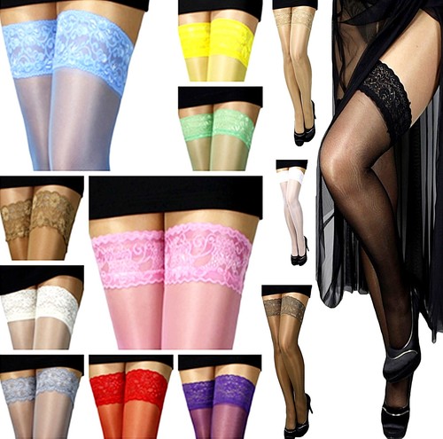 Halterlose Strümpfe Spitzenband breite Spitze Farben mit Lycra Gr S-XXL Naht EU - Bild 2 von 53
