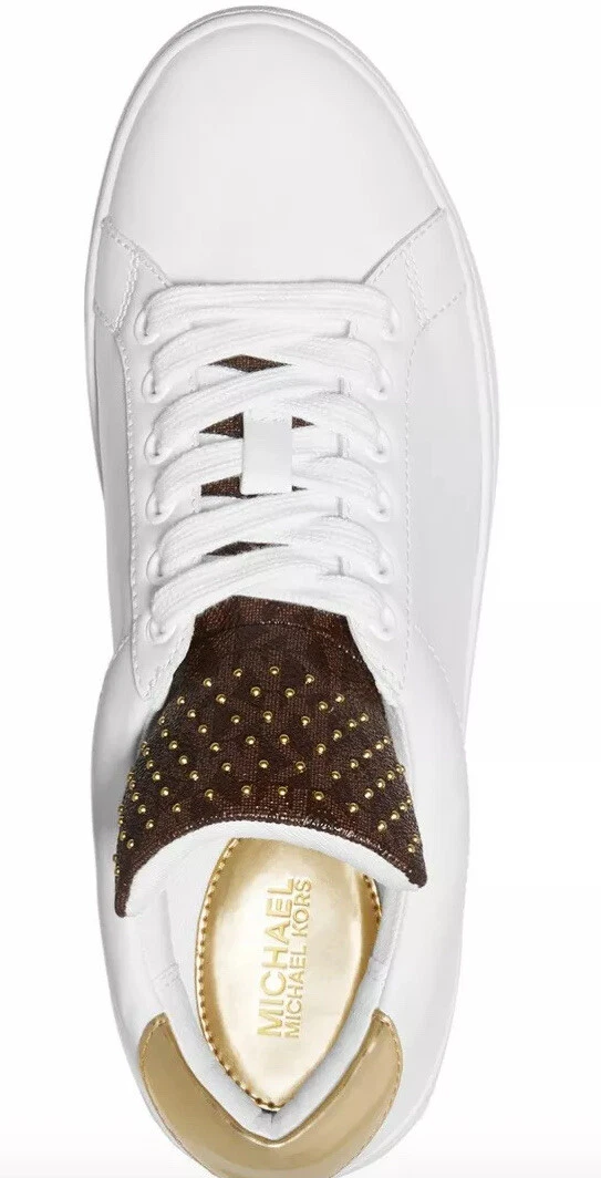 New Michael Kors Mindy Sneakers Leather Lace up Tennis floral studs brown white |