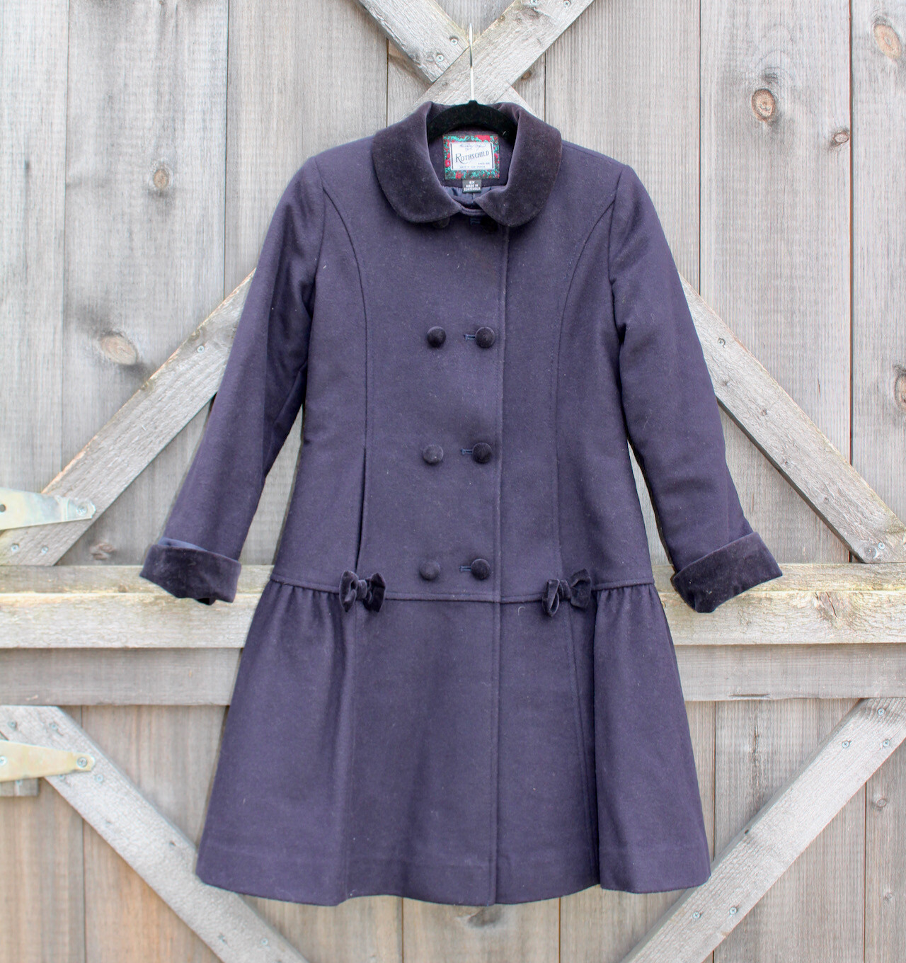 Vintage Girls Classic Rothschild Navy Blue & Velvet Wool Winter Coat Size 6X