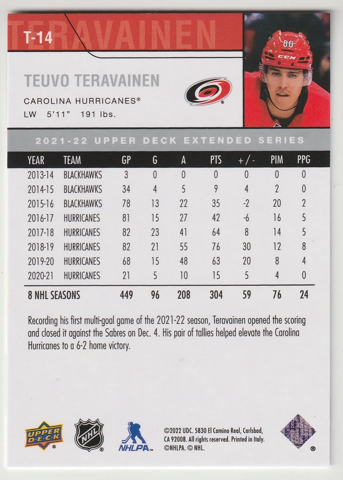2021-22 UD Extended Series Teuvo Teravainen 06-07 UD Retro T-14 Hurricanes - Image 2 of 2