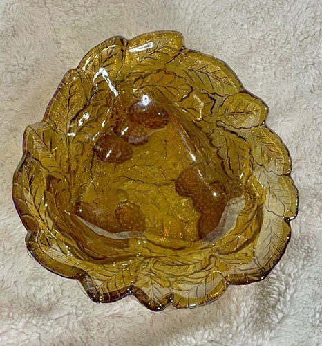 Vintage Indiana Amber Carnival Glass Berries And Leaves Candy Bowl - Picture 5 of 5
